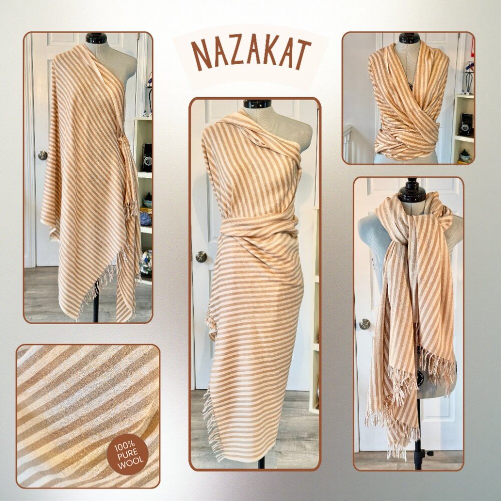 Nazakat 100% Pure Wool Beige and White Striped Shawl with Paisley Detail